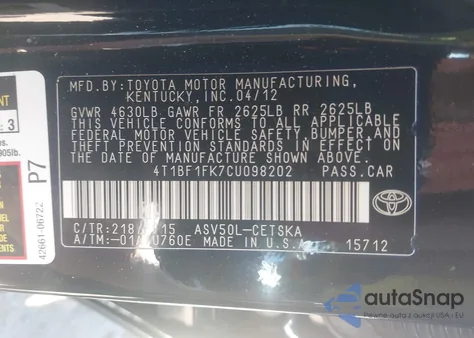 2012 Toyota Camry Se from USA, damaged, VIN 4T1BF1FK7CU098202
